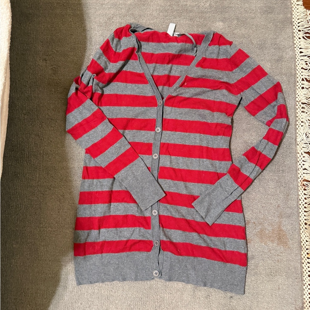 Caslon Gray Red Stripe Button Down V Neck Cardigan Women’s Small